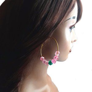 Large Beaded Hoop Earrings, Pink And Green  Beaded Hoop Earrings, Gold Hoops